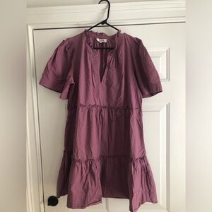 SEA NY Burgundy Tiered Cotton Dress Boho Ruffle Neck Midi Made in India